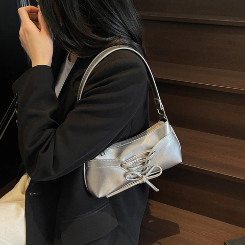 Borsa Baguette Da Sottobraccio Donna Pelle PU Lucida Stringata Fiocco Stile Y2K Sweet Cool Spalla Tracolla