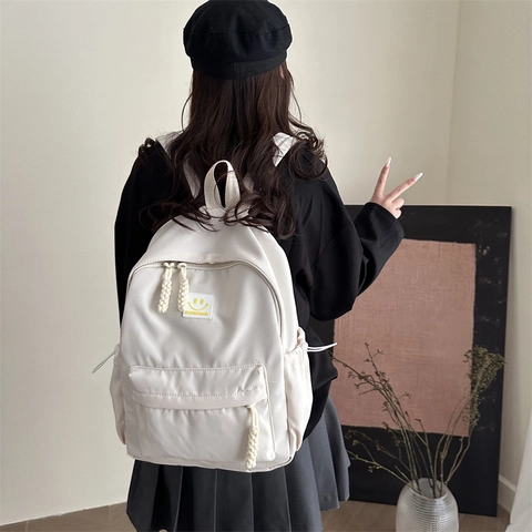Damen Nylon Rucksack Koreanischer Stil Einfarbige Schultasche Für Jugendliche Mädchen Smiley Gesicht Lässige Outdoor Travel Daypack