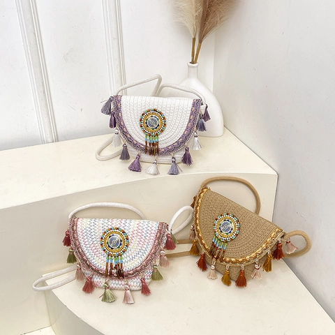 Bohemian Ethnische Gewebte Crossbody Satteltasche Mit Quasten Und Perlen Handgemachte Stroh Umhängetasche Für Sommer Strand Damen Mode