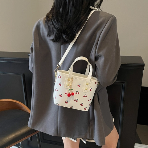 Cherry Print Women Bucket Bag PU Leather Crossbody Handbag With Detachable Adjustable Strap And Cute Pendant Decor