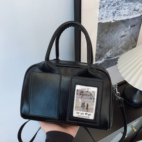 Borsa a Tracolla a Conchiglia da Donna in Pelle PU Minimalista Bowling a Mano Con Tasche Frontali e Slot per Carte Trasparente