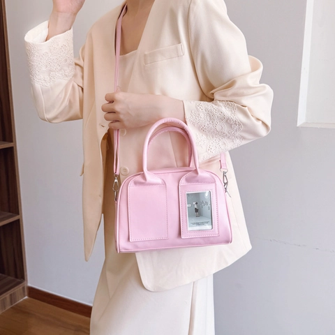 Borsa a Tracolla a Conchiglia da Donna in Pelle PU Minimalista Bowling a Mano Con Tasche Frontali e Slot per Carte Trasparente