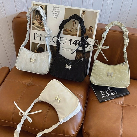 Women PU Leather Underarm Shoulder Bag With Metal Butterfly Buckle Pleated Strap Bow Decor Fashion Small Square Bag