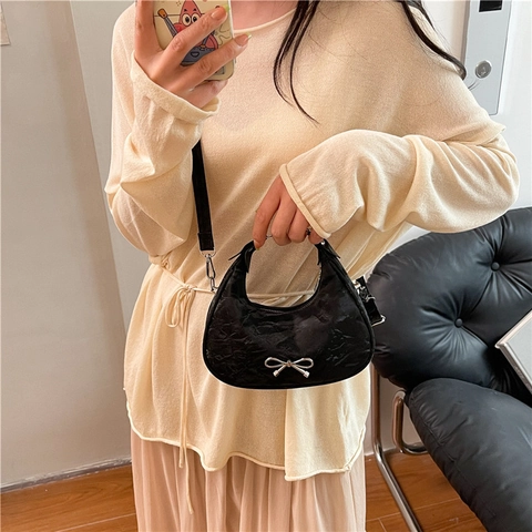 Borsa Hobo Da Donna In Pelle PU Mezzaluna Arricciata Borsa A Tracolla Con Fiocco Decorativo Versatile Di Tendenza