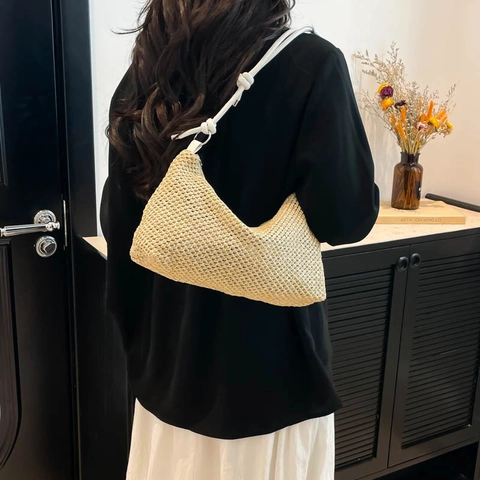 Women Straw Woven Hobo Bag Summer Beach Vacation Underarm Shoulder Bag With Knot PU Leather Strap Zipper Closure