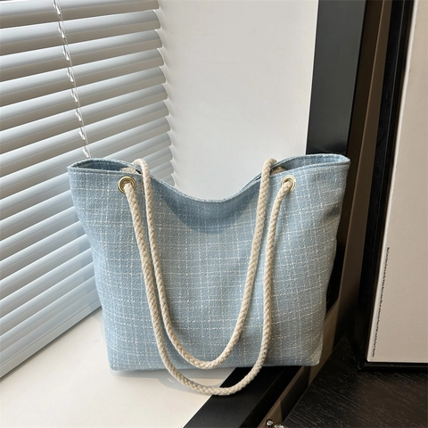 Women Plaid Woven Tote Bag Tweed Large Capacity Shoulder Bag With Rope Handle Casual Artistic Daily Handbag Shopping Bag
