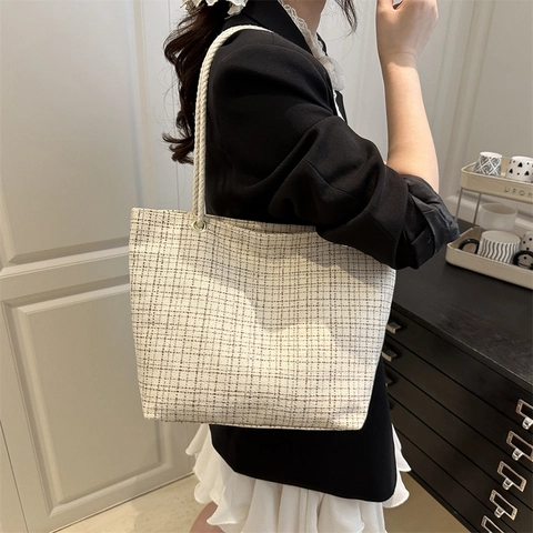 Women Plaid Woven Tote Bag Tweed Large Capacity Shoulder Bag With Rope Handle Casual Artistic Daily Handbag Shopping Bag