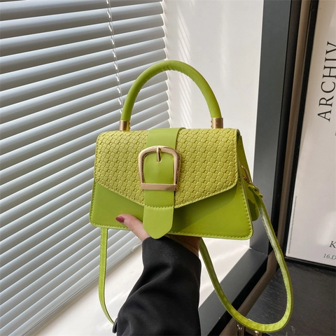 Women Crossbody Handbag PU Leather Woven Texture Flap Large Gold Buckle Top Handle Square Bag Stylish Versatile