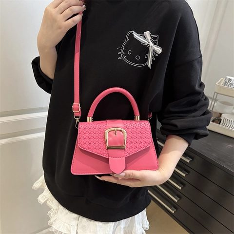 Women Crossbody Handbag PU Leather Woven Texture Flap Large Gold Buckle Top Handle Square Bag Stylish Versatile