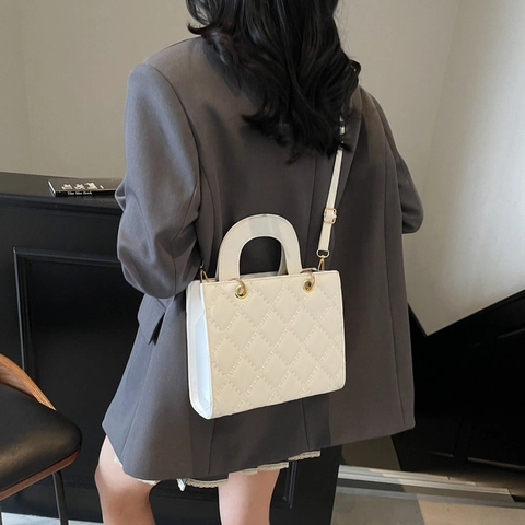 Fashion Women Quilted PU Leather Crossbody Bag Rhombic Thread Square Handbag With Top Handle Golden Hardware Daily Purse