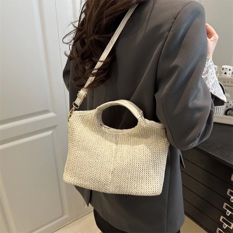 Dames Vintage Stro Geweven Draagtas Grote Capaciteit Zomer Strand Schoudertas Met Leren Riem Koreaanse Vakantie Handtas