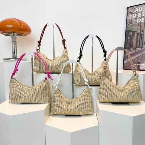 Damen Gewebte Stroh Schultertasche Vintage Handgefertigte Urlaub Strandtasche Casual Hobo Achseltasche Mit Geknotetem Riemen Elegante Sommer Tote