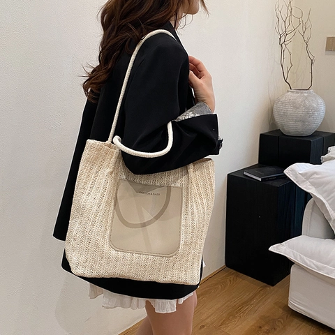 Große Gewebte Stroh-Tote-Bag Mit Externer PU-Ledertasche Geflochtene Seilgriffe Sommer Strand Handtasche Für Damen