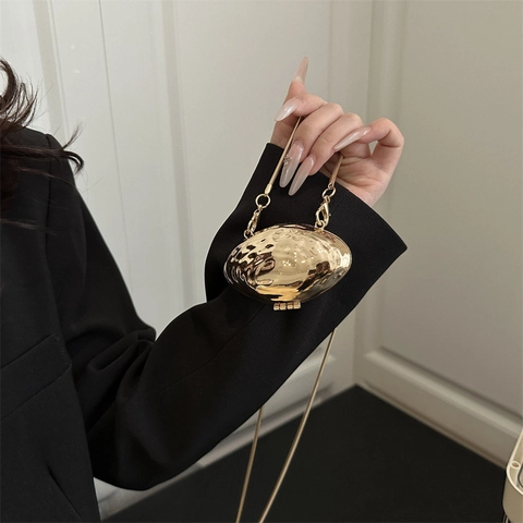 Shell Shape Mini Crossbody Bag Metallic Ripple Texture Mirror Finish Evening Clutch Chain Purse Women
