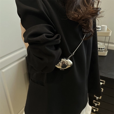 Shell Shape Mini Crossbody Bag Metallic Ripple Texture Mirror Finish Evening Clutch Chain Purse Women