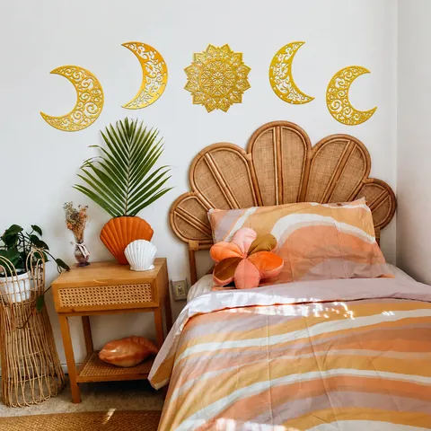 Gold Mirror Moon Phase Wall Stickers With Stars Mandala Sun Hollow Bronzing PVC Wall Decals For Living Room Bedroom Home Decor DIY