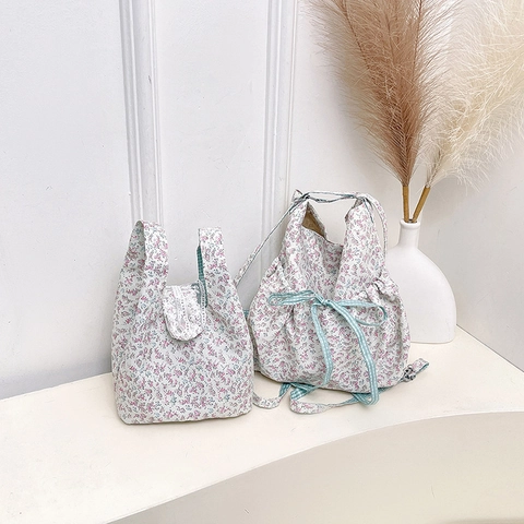 Women Floral Nylon Bucket Bag Small Designer Commuter Handbag With Lace Bow Drawstring Casual Pastoral Style Shoulder Bag