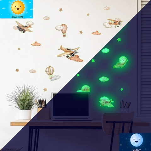 Glow In The Dark Airplane Hot Air Balloon Wall Stickers Luminous Cartoon Clouds Stars PVC Decorative Decals For Kids Bedroom