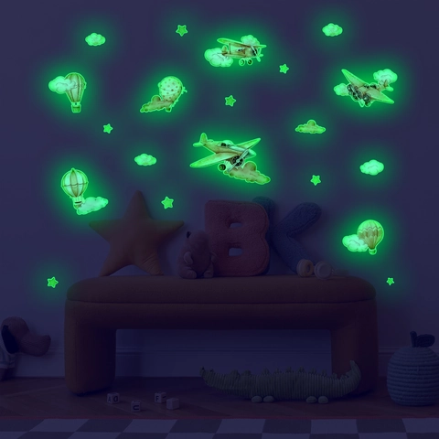 Glow In The Dark Airplane Hot Air Balloon Wall Stickers Luminous Cartoon Clouds Stars PVC Decorative Decals For Kids Bedroom
