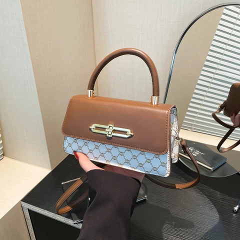 Women Retro Small Square Crossbody Bag PU Leather Monogram Print Handbag Top Handle Golden Lock Elegant Chic