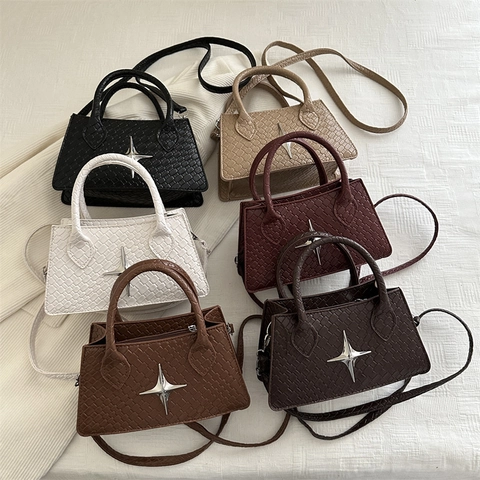 Fashion Women PU Leather Small Square Bag With Star Metal Buckle Woven Texture Shoulder Crossbody Bag For Daily Use
