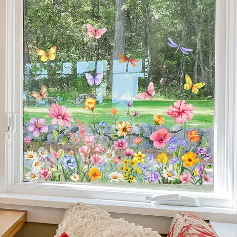 Aquarel Bloemen Vensterstickers Dubbelzijdig Bloem Vlinder Statische Venster Decals Voor Glas Ramen Huis Decoratie