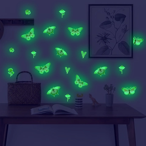 Leuchtende Boho Schmetterling Wandtattoo PVC Glow In The Dark Gänseblümchen Blume Blatt Grün Leuchtend Haus Deko Wandaufkleber