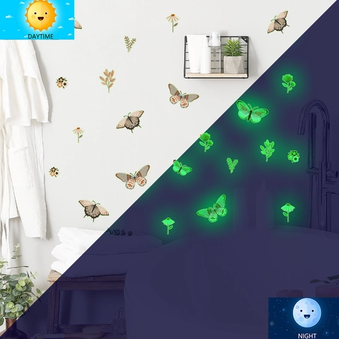 Leuchtende Boho Schmetterling Wandtattoo PVC Glow In The Dark Gänseblümchen Blume Blatt Grün Leuchtend Haus Deko Wandaufkleber