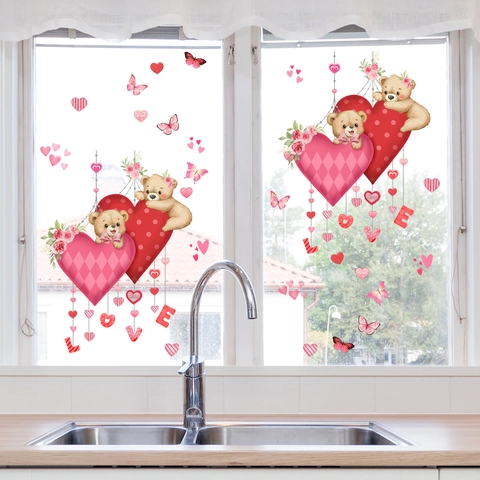 Vetrofanie Statiche San Valentino Cuore Orso Gufo PVC Decorazione Vetro Romantica Doppia Faccia Riutilizzabile