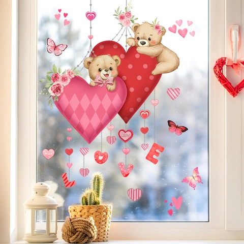 Vetrofanie Statiche San Valentino Cuore Orso Gufo PVC Decorazione Vetro Romantica Doppia Faccia Riutilizzabile
