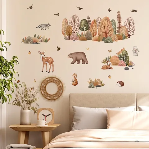 Stickers Muraux Animaux de la Forêt Dessin Animé PVC Auto-adhésifs Décalcomanies Murales pour Chambre d'Enfant Décor