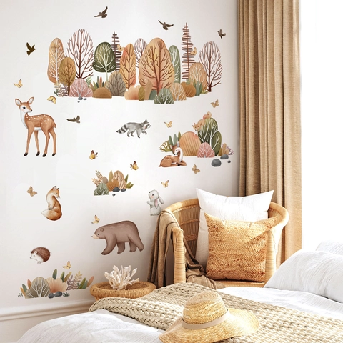 Stickers Muraux Animaux de la Forêt Dessin Animé PVC Auto-adhésifs Décalcomanies Murales pour Chambre d'Enfant Décor