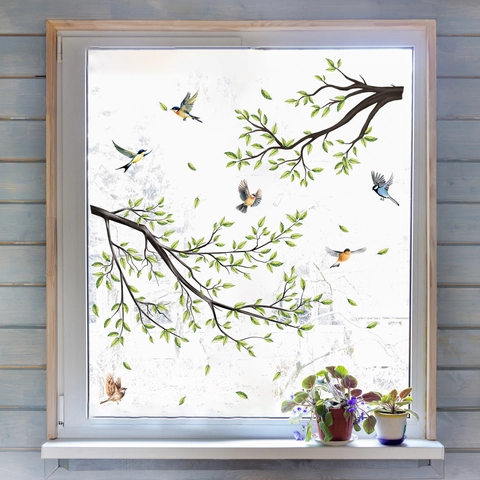 Pegatina Estática para Ventana Rama de Árbol Dibujos Animados Hojas Verdes Pájaros Doble Cara Visible Removible PVC para Vidrio