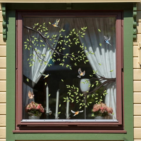 Pegatina Estática para Ventana Rama de Árbol Dibujos Animados Hojas Verdes Pájaros Doble Cara Visible Removible PVC para Vidrio