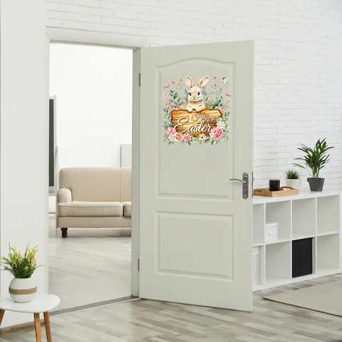 Easter Bunny Wall Sticker PVC Watercolor Rabbit Peony Flowers Butterfly Happy Easter Removable Decal For Living Room Fridge