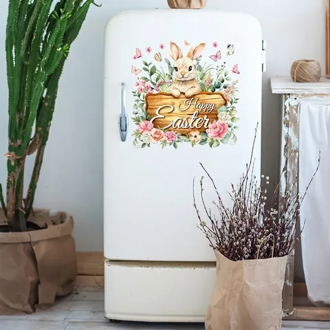 Easter Bunny Wall Sticker PVC Watercolor Rabbit Peony Flowers Butterfly Happy Easter Removable Decal For Living Room Fridge