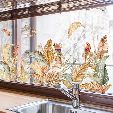 Tropical Parrot Palm Leaf Window Sticker Static Cling Decorative Watercolor Bird Leaf Decal For Glass Kitchen Home Decor