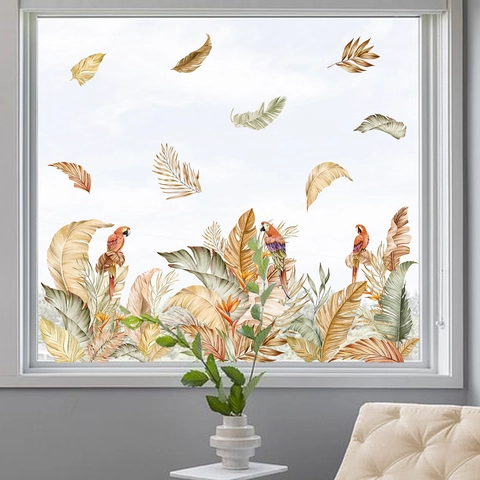 Tropical Parrot Palm Leaf Window Sticker Static Cling Decorative Watercolor Bird Leaf Decal For Glass Kitchen Home Decor