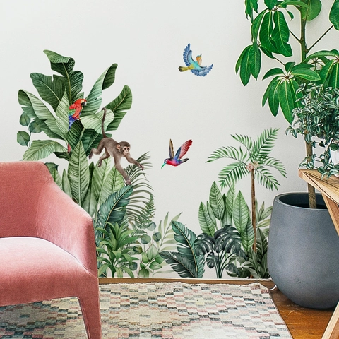 Adesivi Murali Foresta Tropicale Scimmia Pappagallo Uccello Foglie Verdi Impermeabile PVC Rimovibile DIY Decorazione Casa