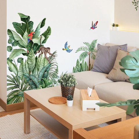 Adesivi Murali Foresta Tropicale Scimmia Pappagallo Uccello Foglie Verdi Impermeabile PVC Rimovibile DIY Decorazione Casa