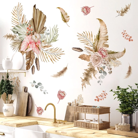 Autocollants Muraux Bohème PVC Auto Adhésifs Amovibles Aquarelle Fleurs Feuilles Plumes Plantes Tropicales