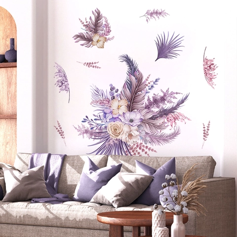 Autocollants Muraux Bohème PVC Auto Adhésifs Amovibles Aquarelle Fleurs Feuilles Plumes Plantes Tropicales