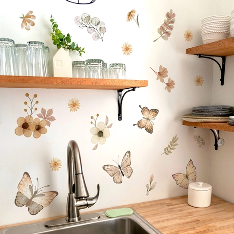 Böhmisch Aquarell Schmetterling Blumen Wandtattoo Abnehmbare PVC Floral Aufkleber Für Schlafzimmer Wohnzimmer Haus Dekor