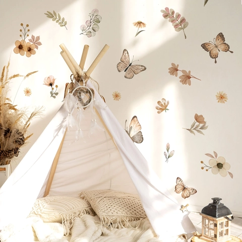 Pegatinas De Pared PVC Acuarela Boho Flor Mariposa Autoadhesivo Removible Decoración Estética Hogar Salón Dormitorio
