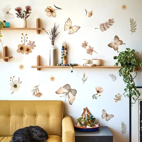 Böhmisch Aquarell Schmetterling Blumen Wandtattoo Abnehmbare PVC Floral Aufkleber Für Schlafzimmer Wohnzimmer Haus Dekor