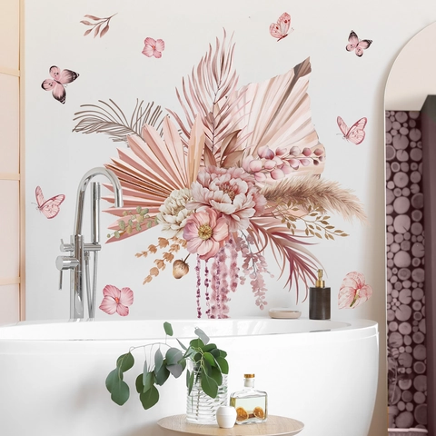 Stickers Muraux Boho Fleurs Roses Autocollants Aquarelle Florale Papillon Décoration Pour Salon Chambre Maison