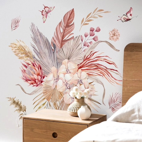 Stickers Muraux Boho Fleurs Roses Autocollants Aquarelle Florale Papillon Décoration Pour Salon Chambre Maison
