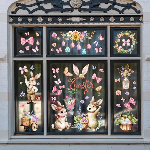 Easter Window Stickers Static Cling PVC Bunny Eggs Flower Butterfly Double Sided Colorful Waterproof Glass Decor