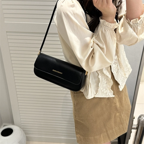 Women Baguette Bag PU Leather Minimalist Flap Underarm Shoulder Handbag Fashion Gold Letter Decor Retro
