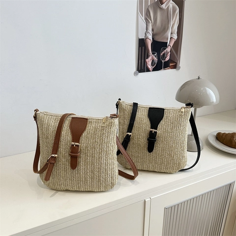 Damen Strohgeflecht Umhängetasche Mit PU Lederbesatz Verstellbarem Schultergurt Casual Urlaub Sommer Strand Tote Bag